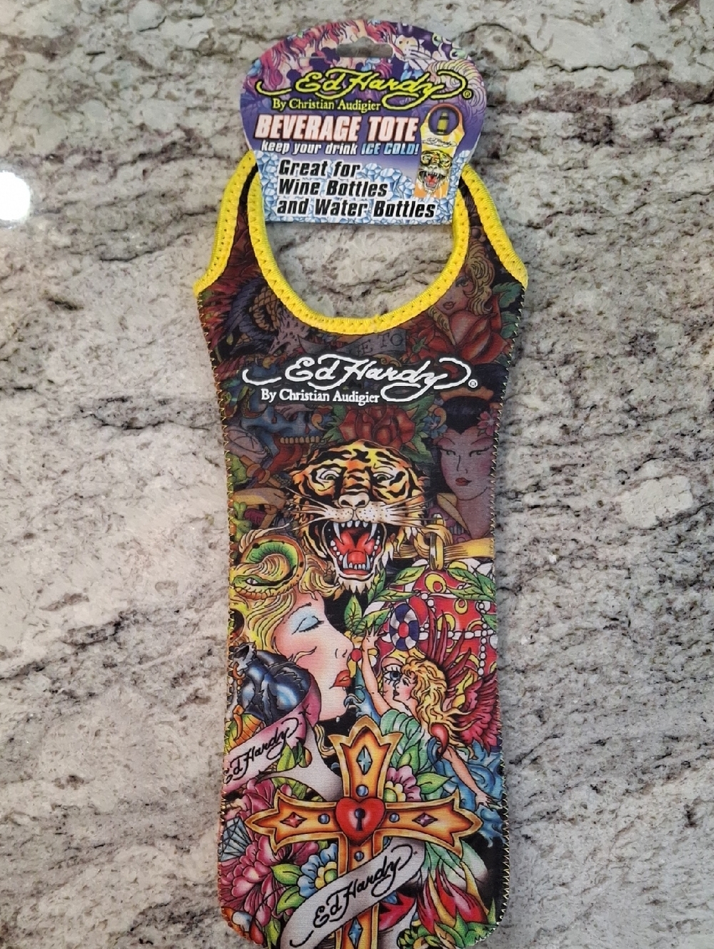 Vintage Ed Hardy Multicolor Beverage Wine Tote with Yellow Trim